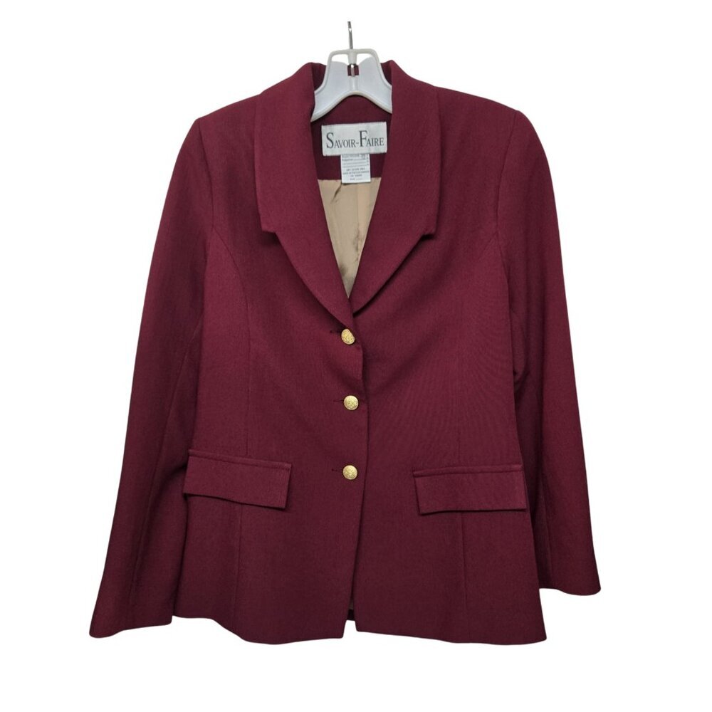Vintage Savoir-Faire Womens Blazer Jacket Size S Gold Button Burgundy Classic